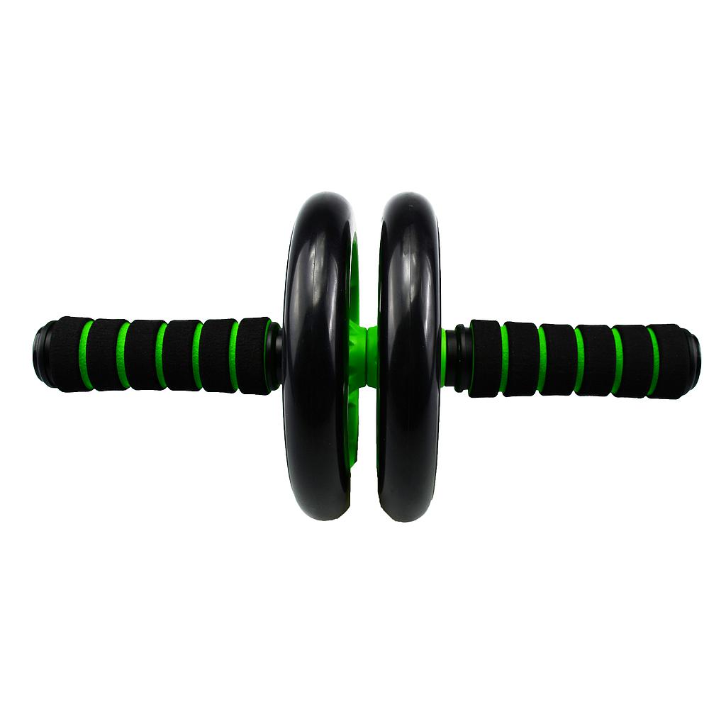 UFE Urban Fitness Ab Roller on a gym floor, featuring a black and gray design with handles for core workout exercises.