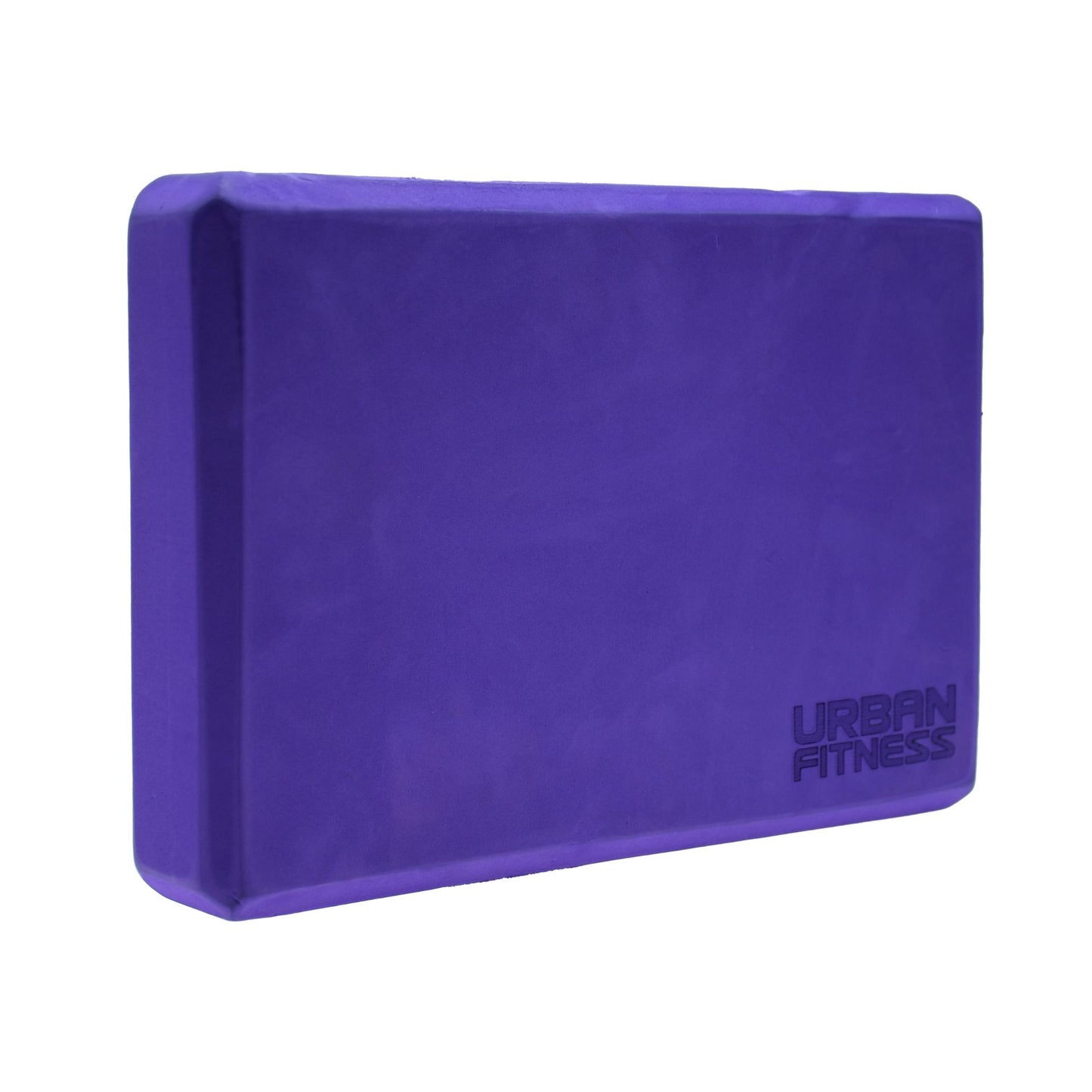 Urban Fitness yoga block in vibrant purple, made of foam, used for support during yoga and stretching exercises.