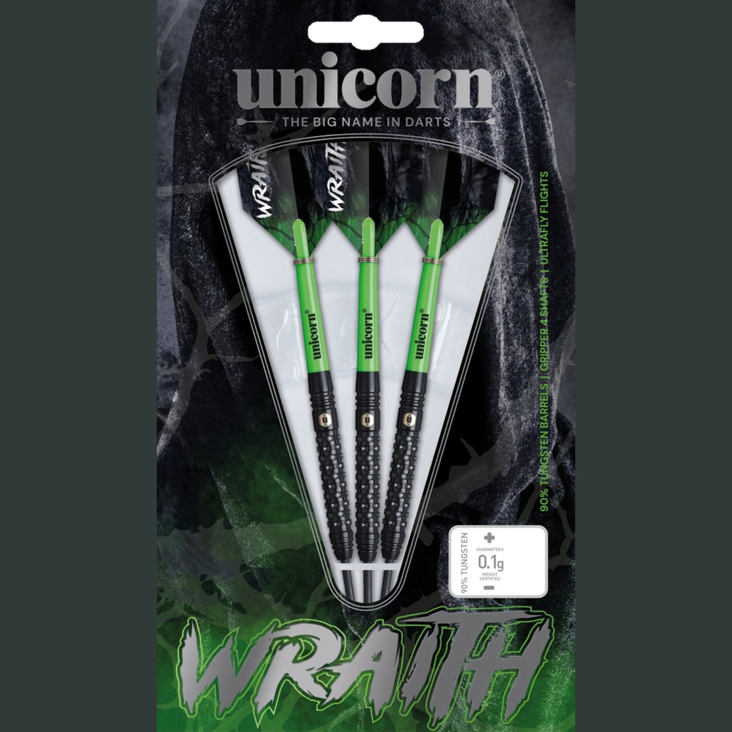 Unicorn Tungsten 90% Darts Wraith featuring sleek design with colorful unicorn graphics and professional dart setup.