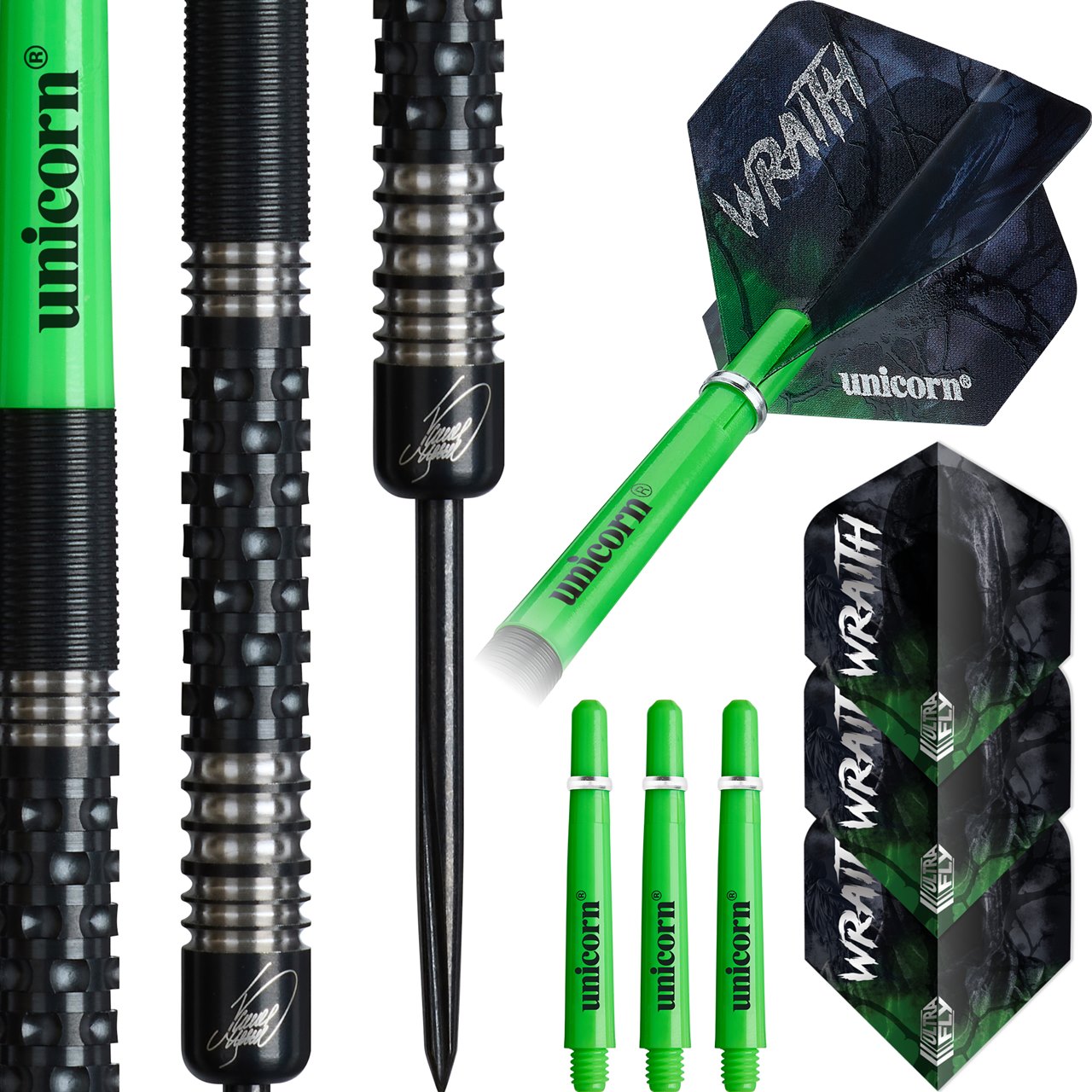Unicorn Tungsten 90% darts with Wraith Wade design, featuring sleek silver barrels and colorful dart flights for precision gameplay.