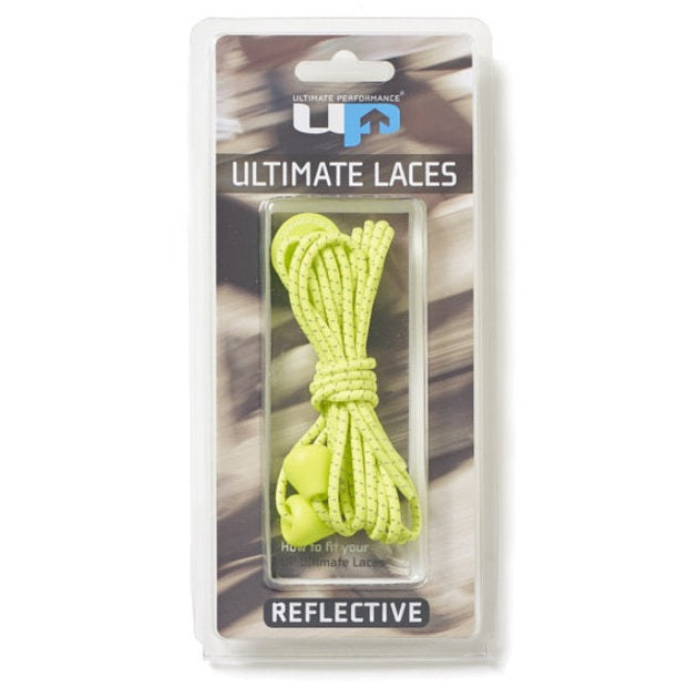 Reflective running laces by Ultimate Performance with high visibility design for enhanced safety during night running.