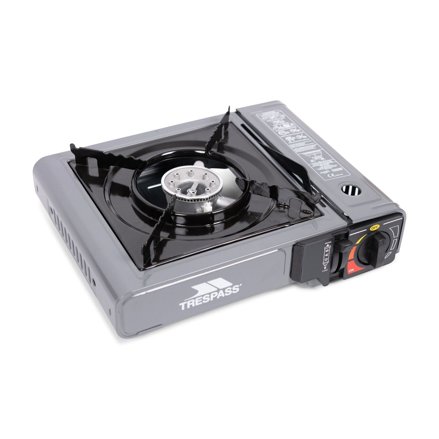 Trespass Forna gas stove for outdoor cooking, with control knobs and compact design for portable use.