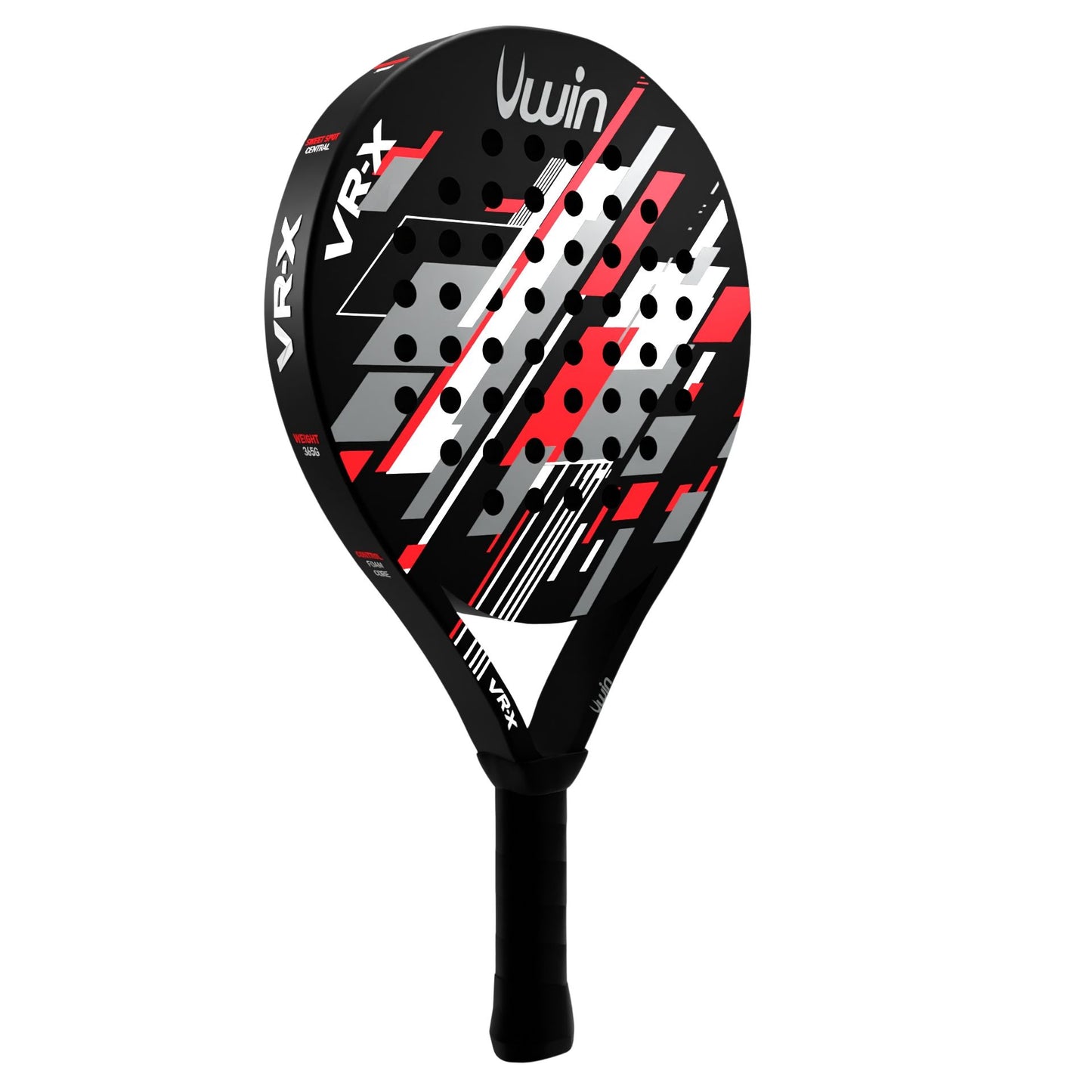 Uwin VR-X padel racket with black and yellow design, ergonomic handle, and lightweight construction for improved performance.