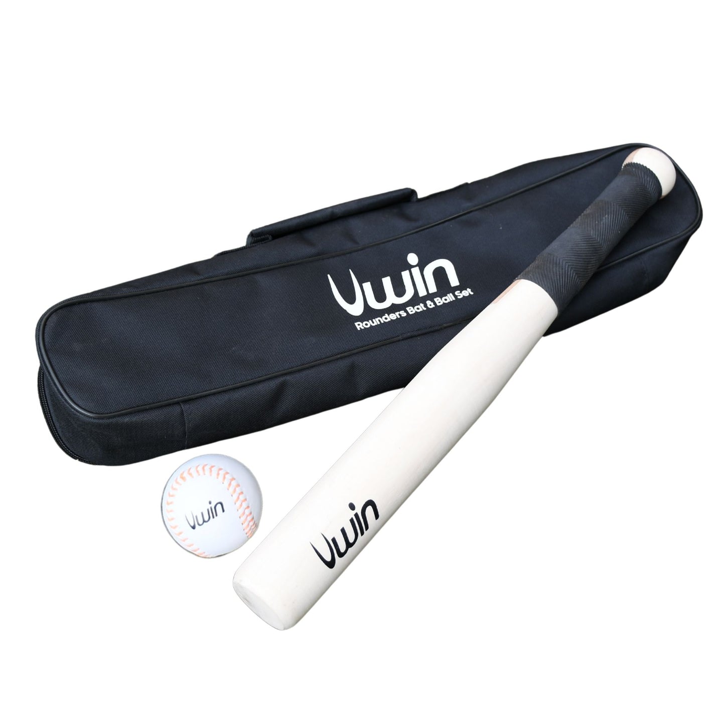 Uwin rounders bat and ball set for outdoor sports, featuring a wooden bat and lightweight ball on a grassy field.
