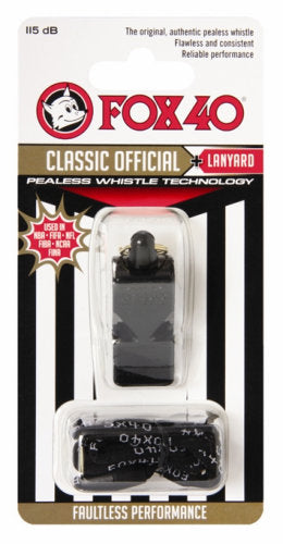 Black Fox 40 referee whistle with wrist strap, official sports whistle ideal for referees and officials.