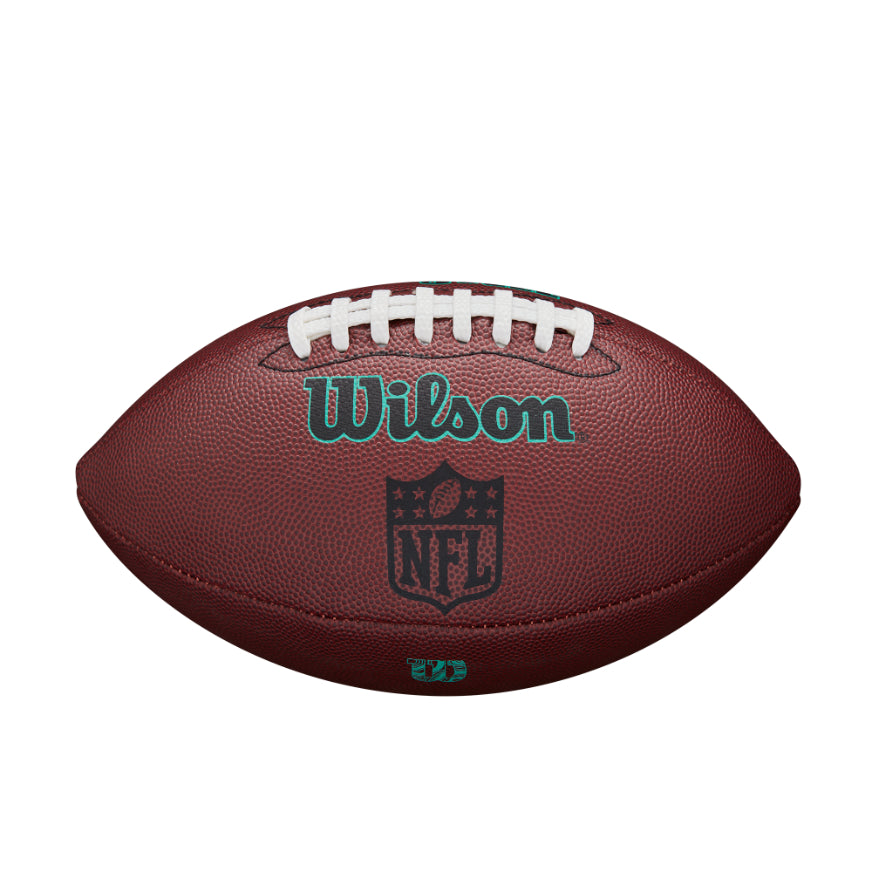 Wilson NFL Ignition Pro Eco American football with green and black panels, textured surface, and Wilson logo for sporting goods.