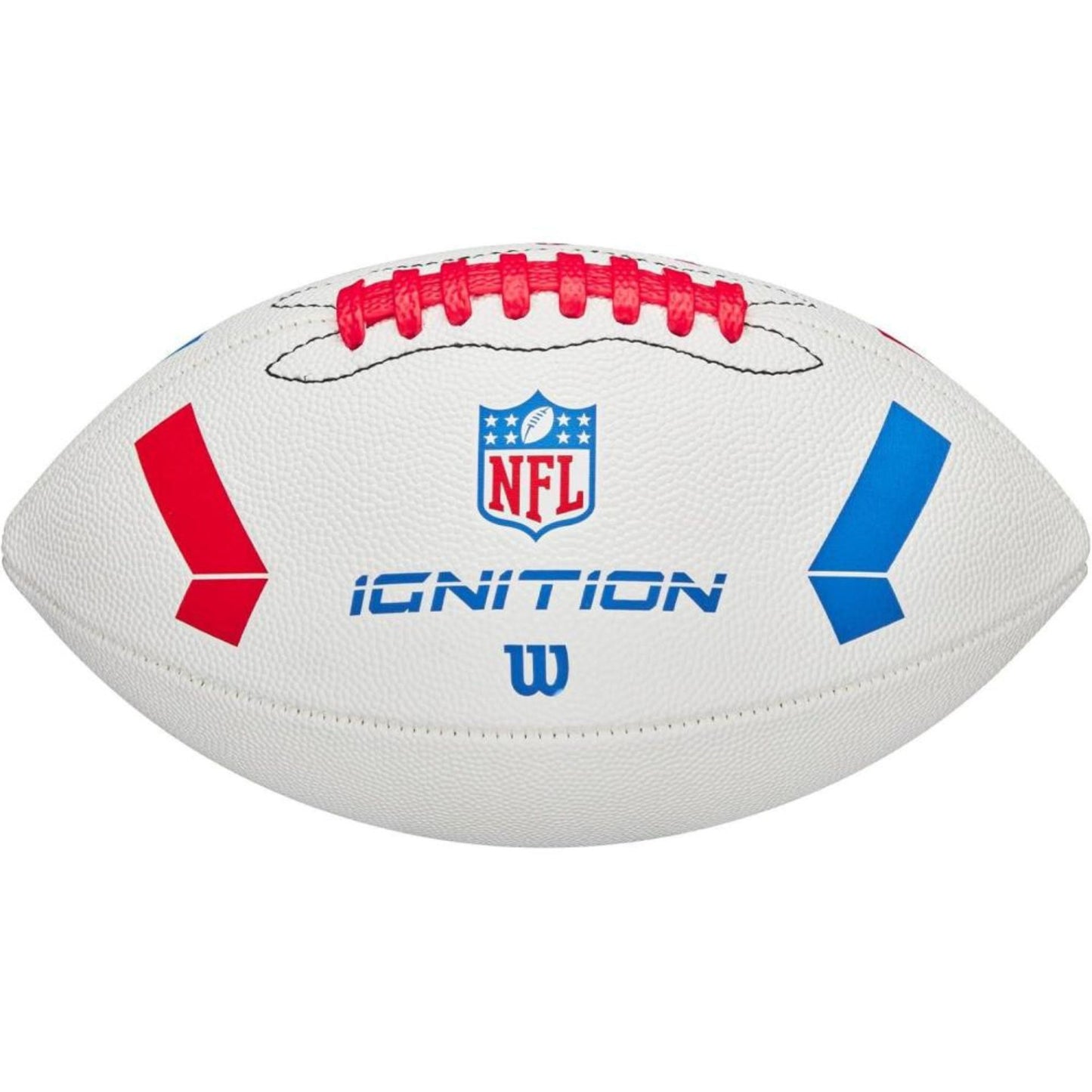 Wilson NFL Ignition Junior American football with Wilson branding, shown in a close-up shot, highlighting its textured surface and classic design.