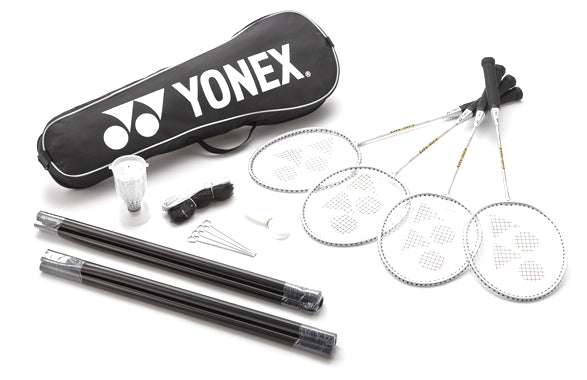 Yonex badminton set with four rackets, posts, and net, ideal for recreational and competitive play.