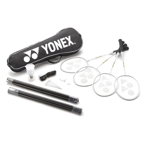 Yonex badminton set with four rackets, posts, and net, ideal for recreational and competitive play.