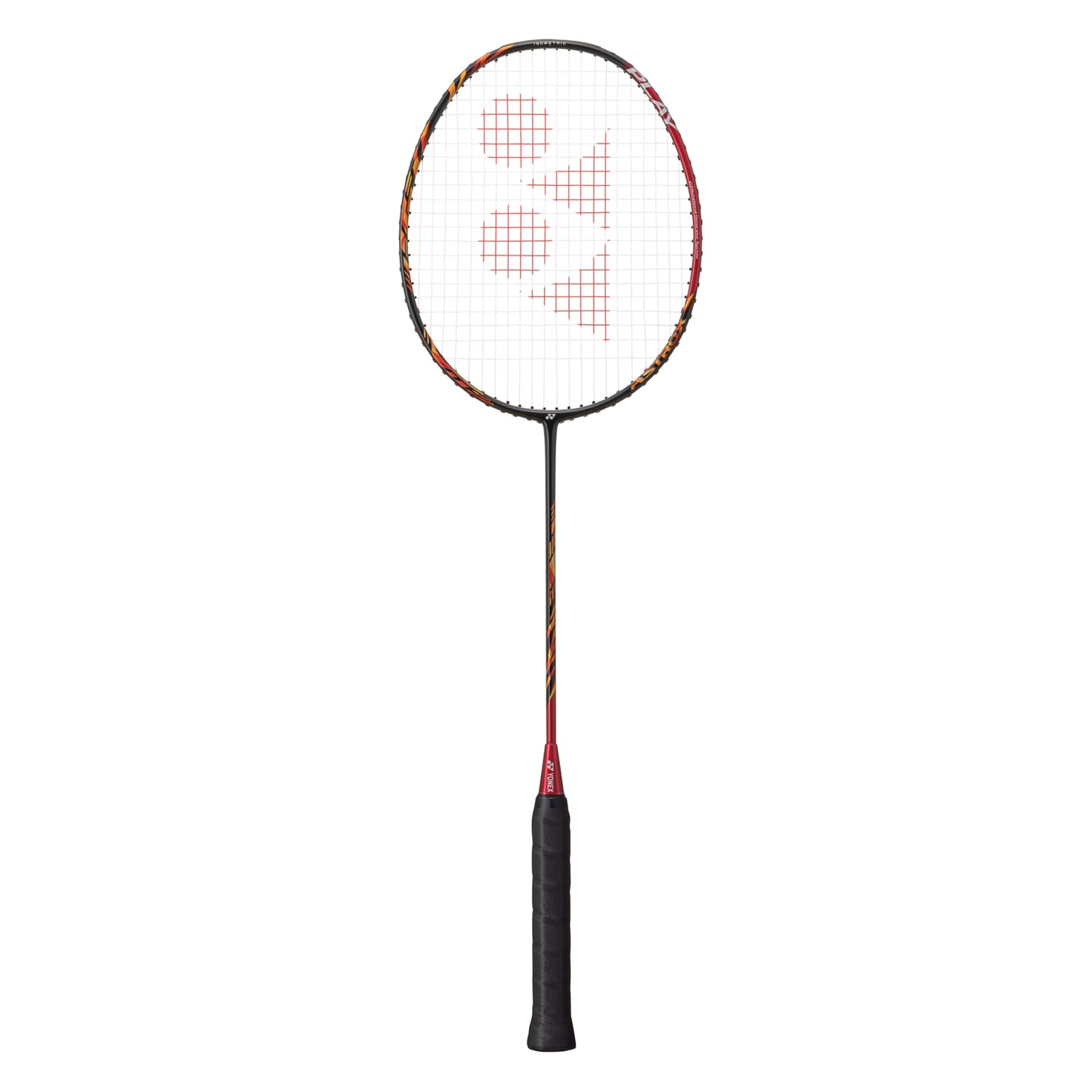 Yonex Astrox 99 Play badminton racket with lightweight frame and vibrant red and black design, ready for competitive play.