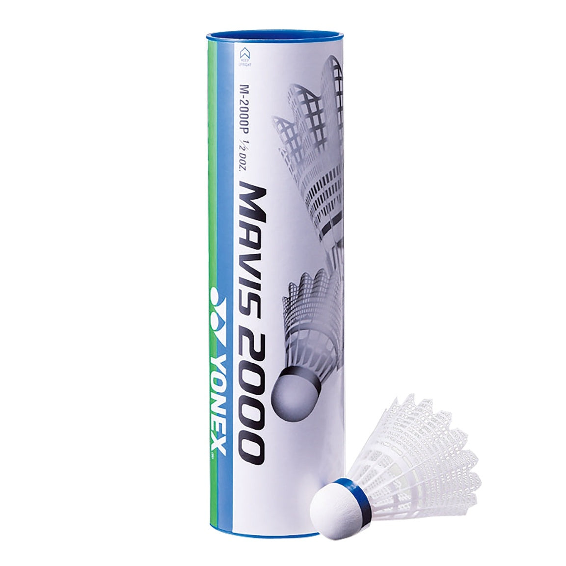 Yonex Mavis 2000 white badminton shuttle with blue markings, medium speed, designed for durable play and consistent flight.