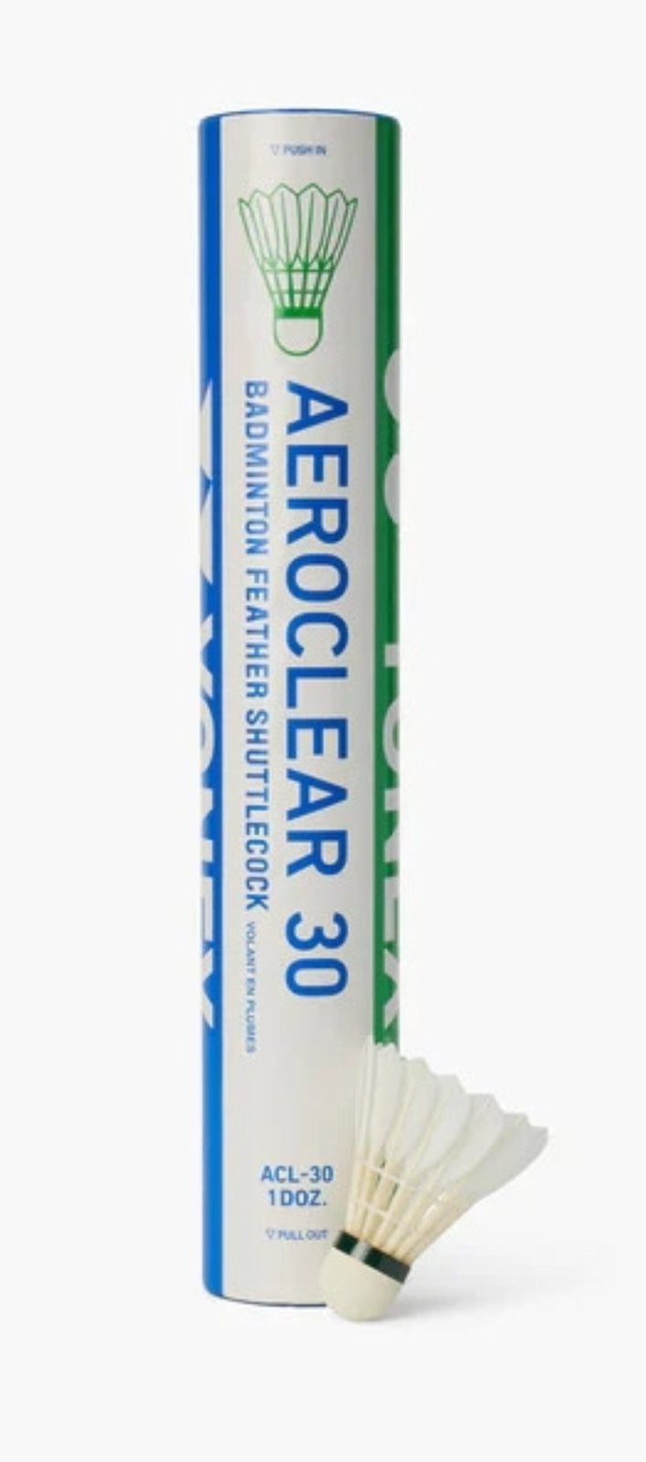 Yonex Aeroclear 30 feather badminton shuttles, white with blue accents, arranged in a row on a wooden court floor.