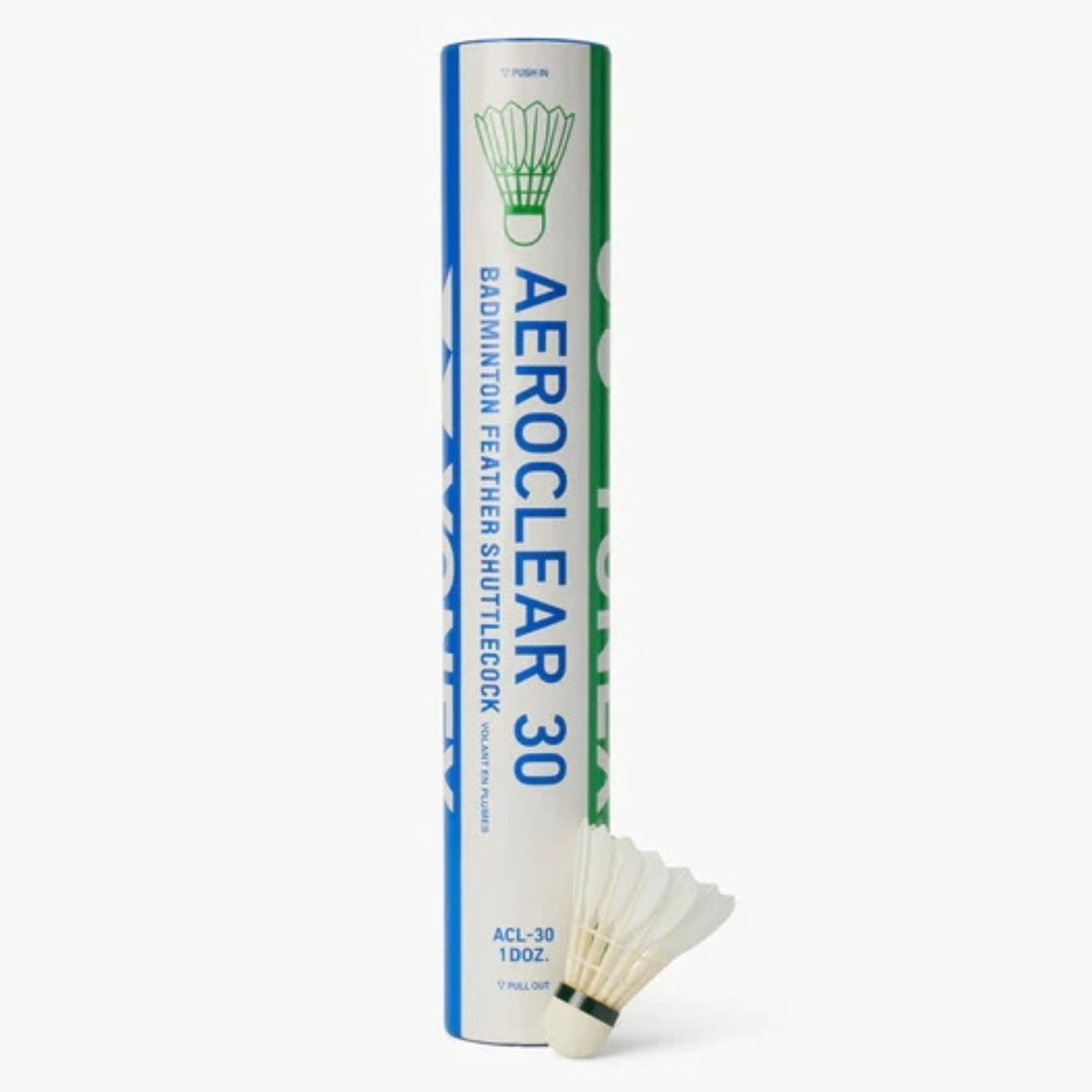 Yonex Aeroclear 30 feather badminton shuttles, white with blue accents, arranged in a row on a wooden court floor.
