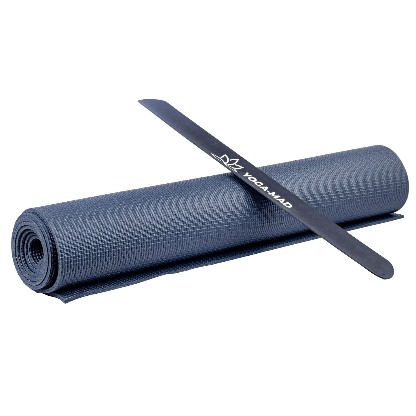 Black Yoga Mad yoga mat slap band from Fitness-Mad shown coiled with textured surface for grip and flexibility.
