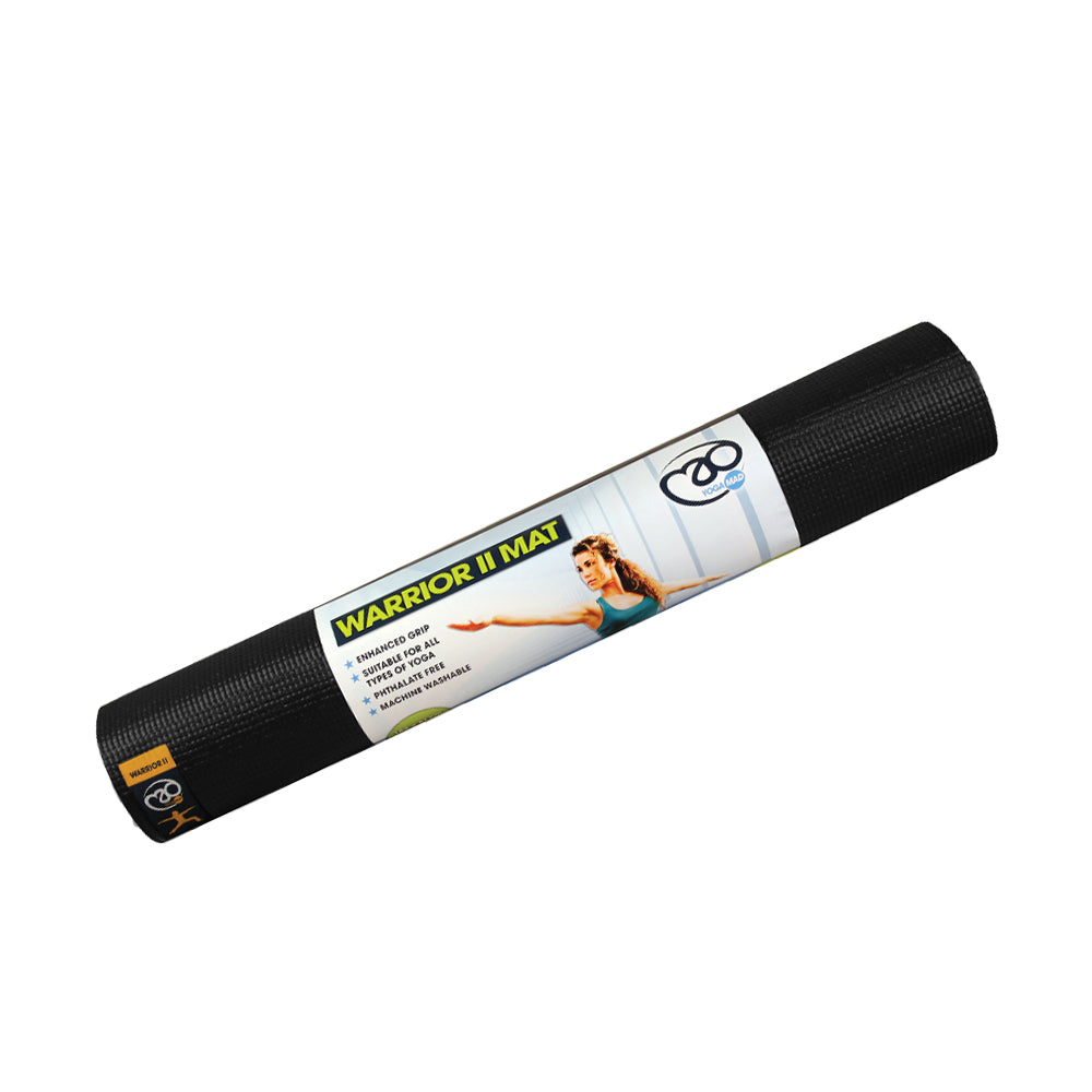 Black Yoga-Mad Warrior II 4mm yoga mat from Fitness-Mad, showing textured surface and thickness perfect for yoga practice.