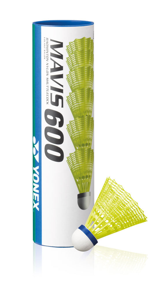 Yonex Mavis 600 nylon shuttlecock tube with six lightweight badminton shuttlecocks on a white background