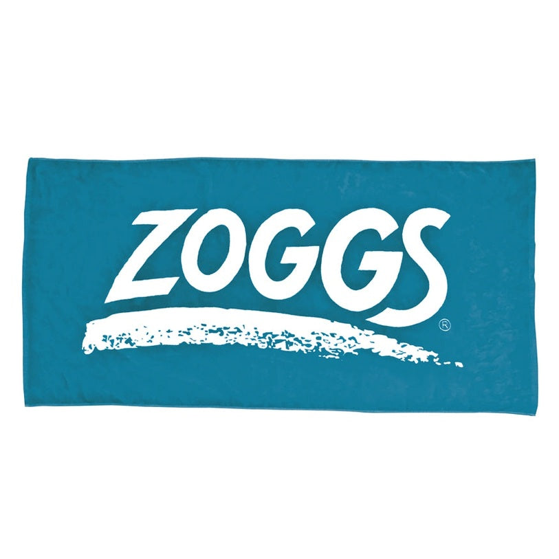 Zoggs swimming pool towel with vibrant blue and white design, soft cotton material, perfect for poolside or beach use.