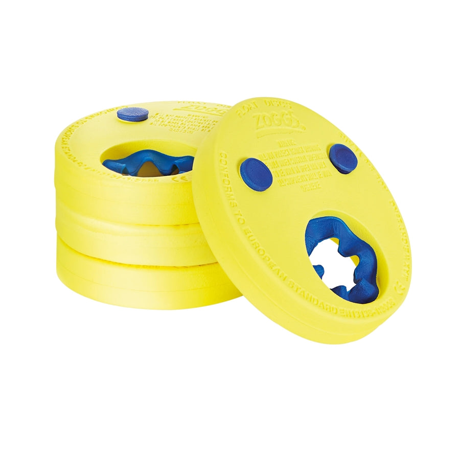 Set of four Zoggs swimming float discs for kids, bright colorful circular floatation devices for aquatic fun.