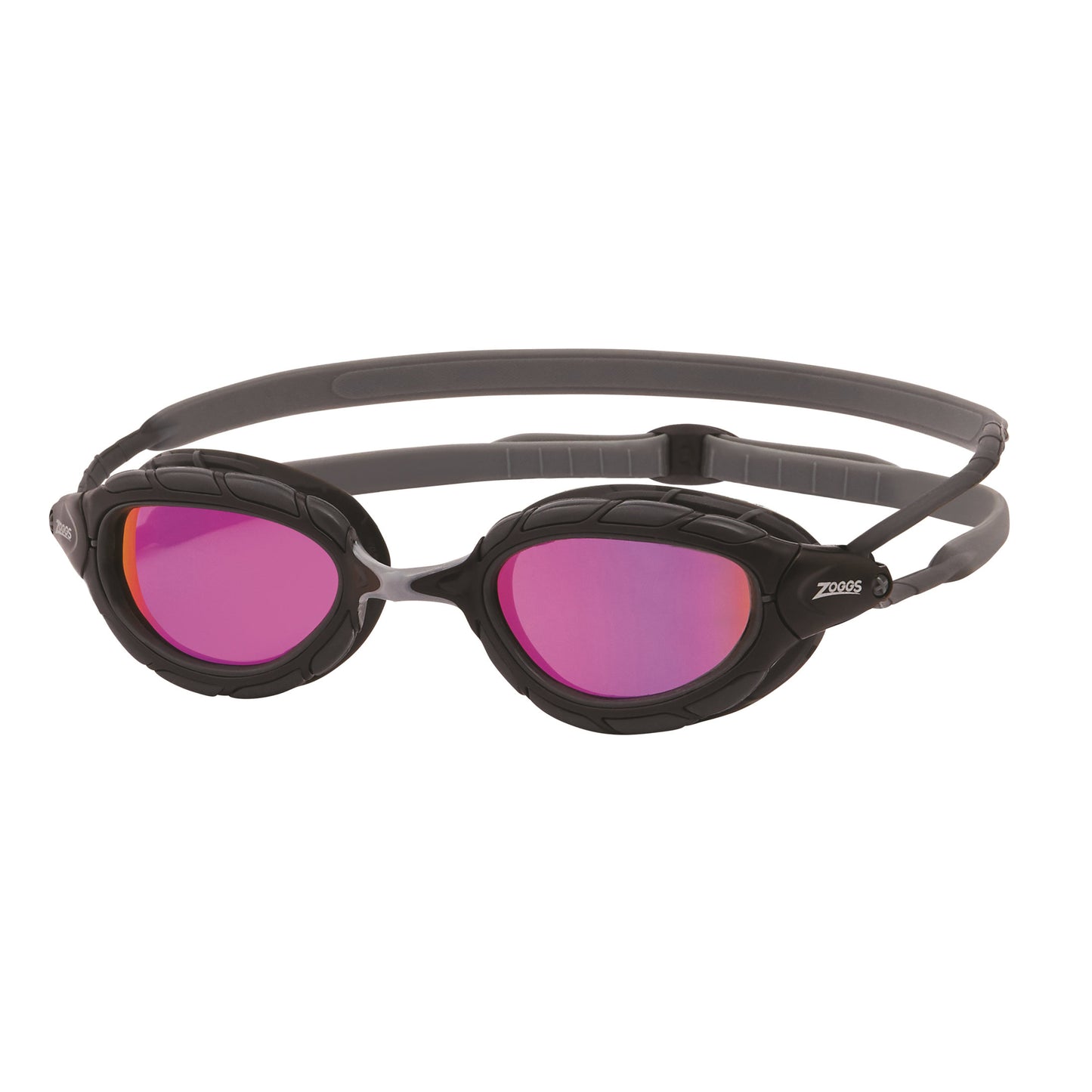 Zoggs Predator Titanium swimming goggles for seniors with clear lenses and adjustable straps on a white background.