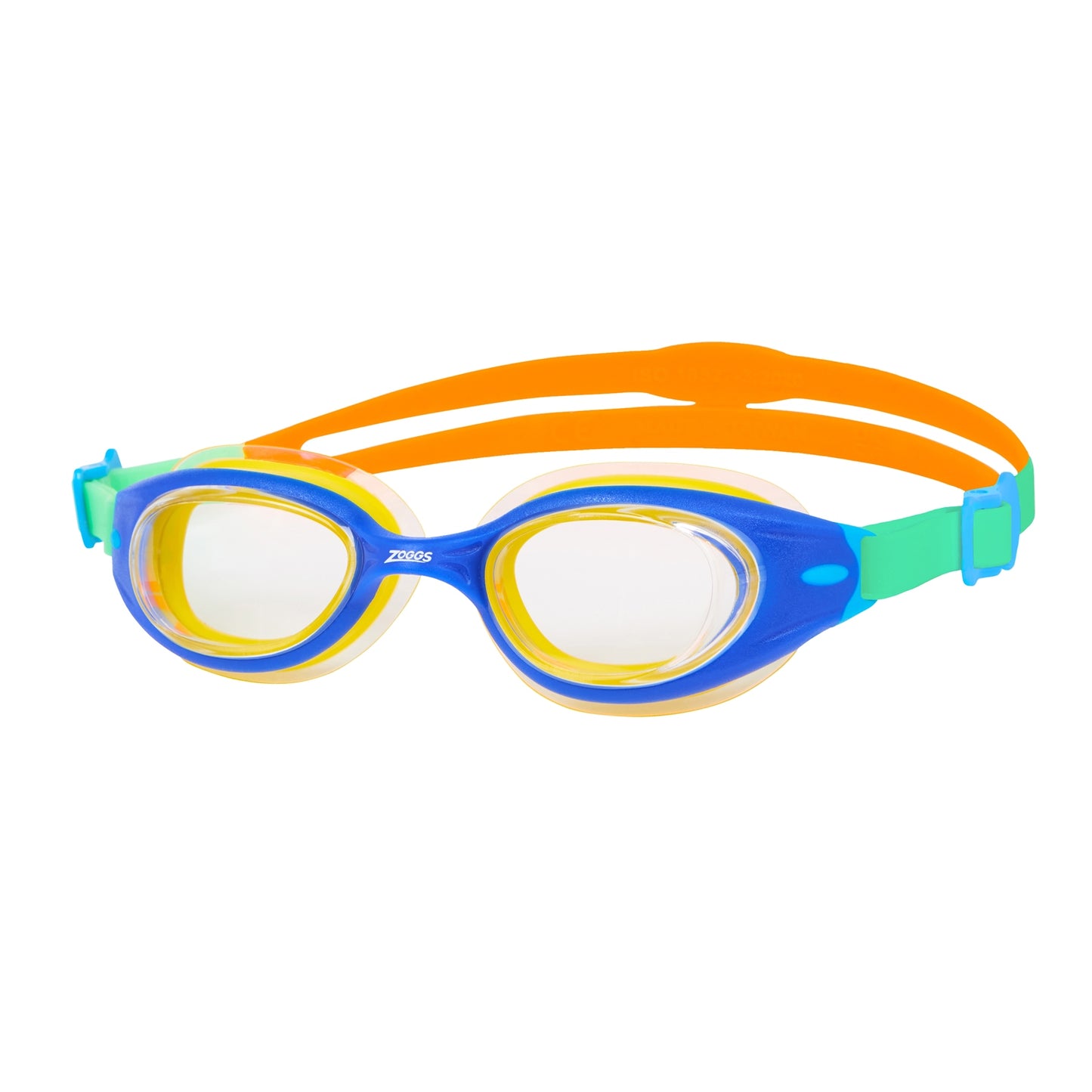Zoggs Little Sonic Air 2.0 swimming goggles in blue with clear lenses, adjustable strap, and comfortable fit for kids.