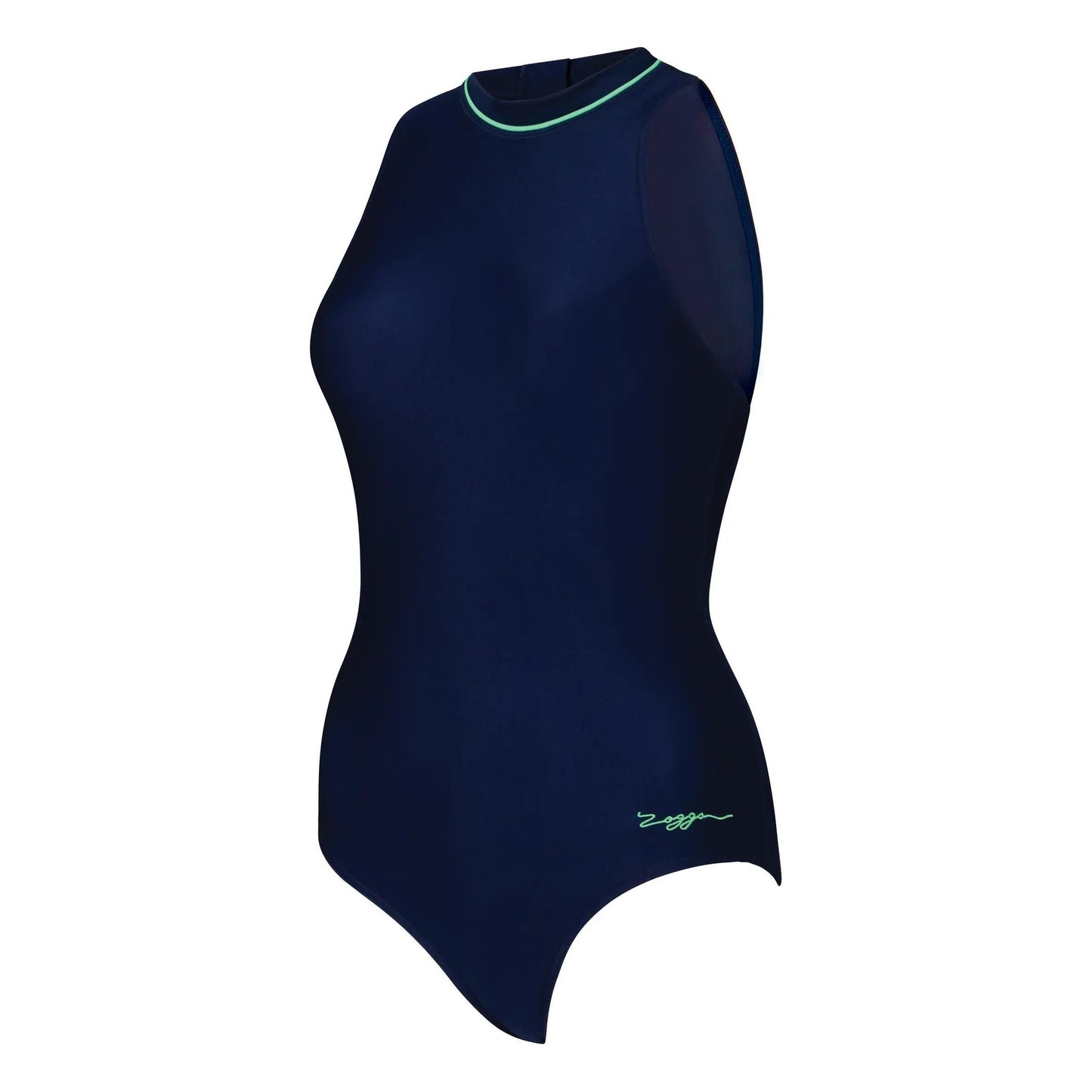Zoggs women's swimming swimsuit with cable zip and high-neck design, made for comfortable and stylish aquatic activity.