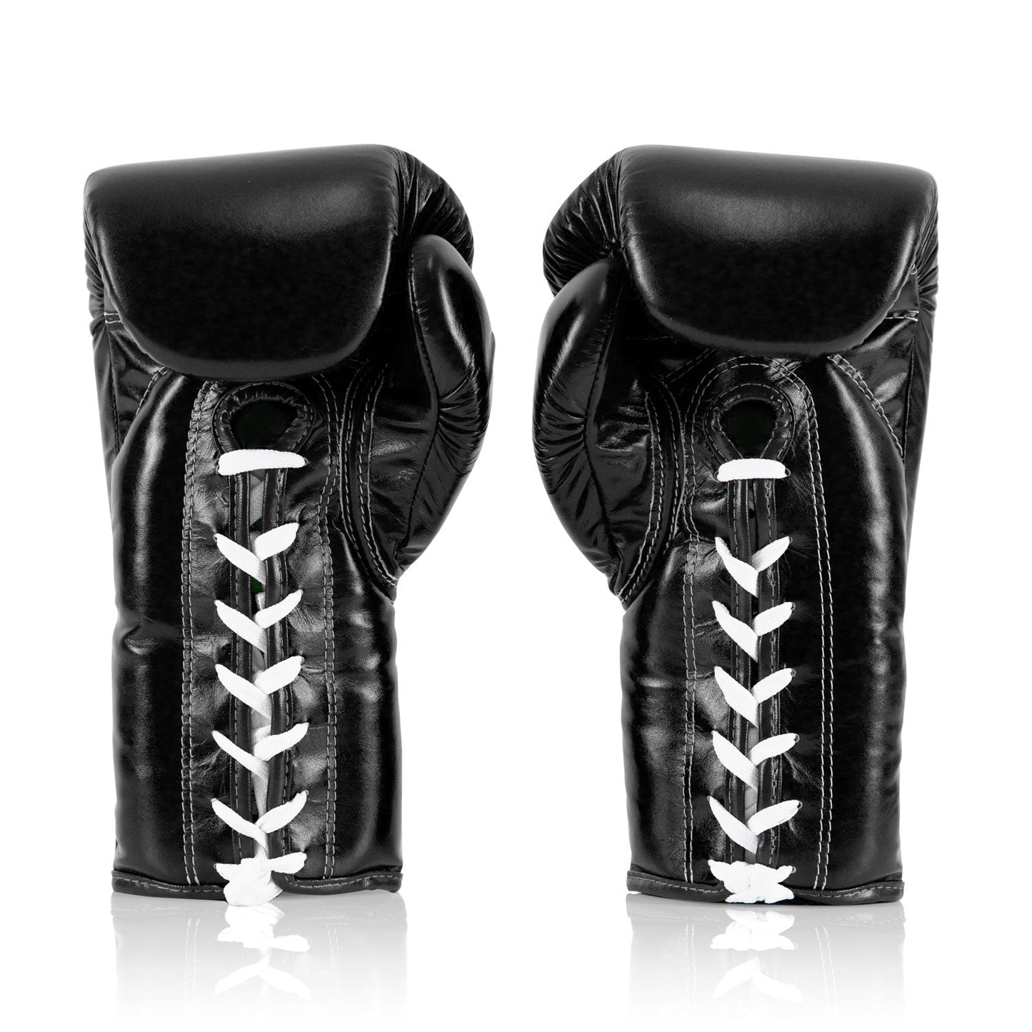 Fairtex BGL6 lace-up competition boxing gloves in black, showing the sleek design and secure lace-up closure for fighters.