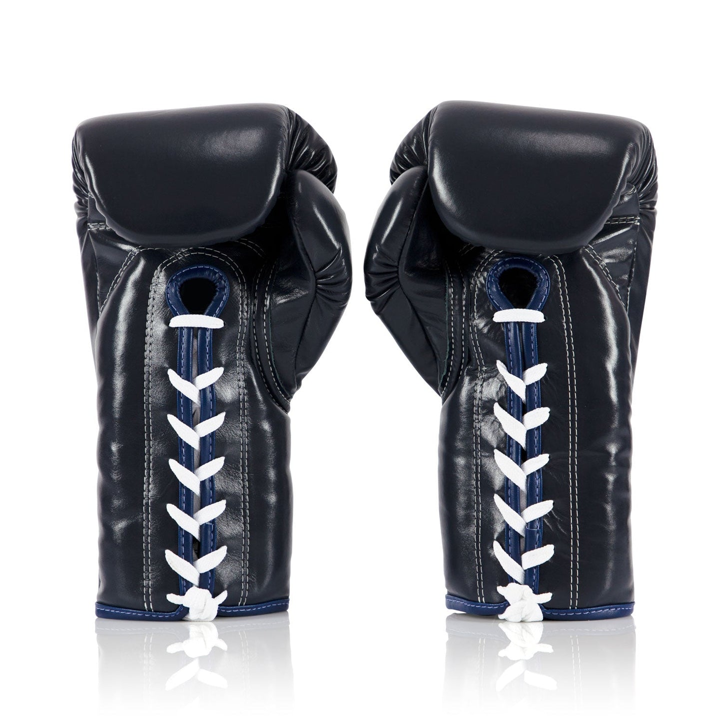 Fairtex BGL6 lace-up competition boxing gloves in blue, with padded wrists and durable leather construction for martial arts training.