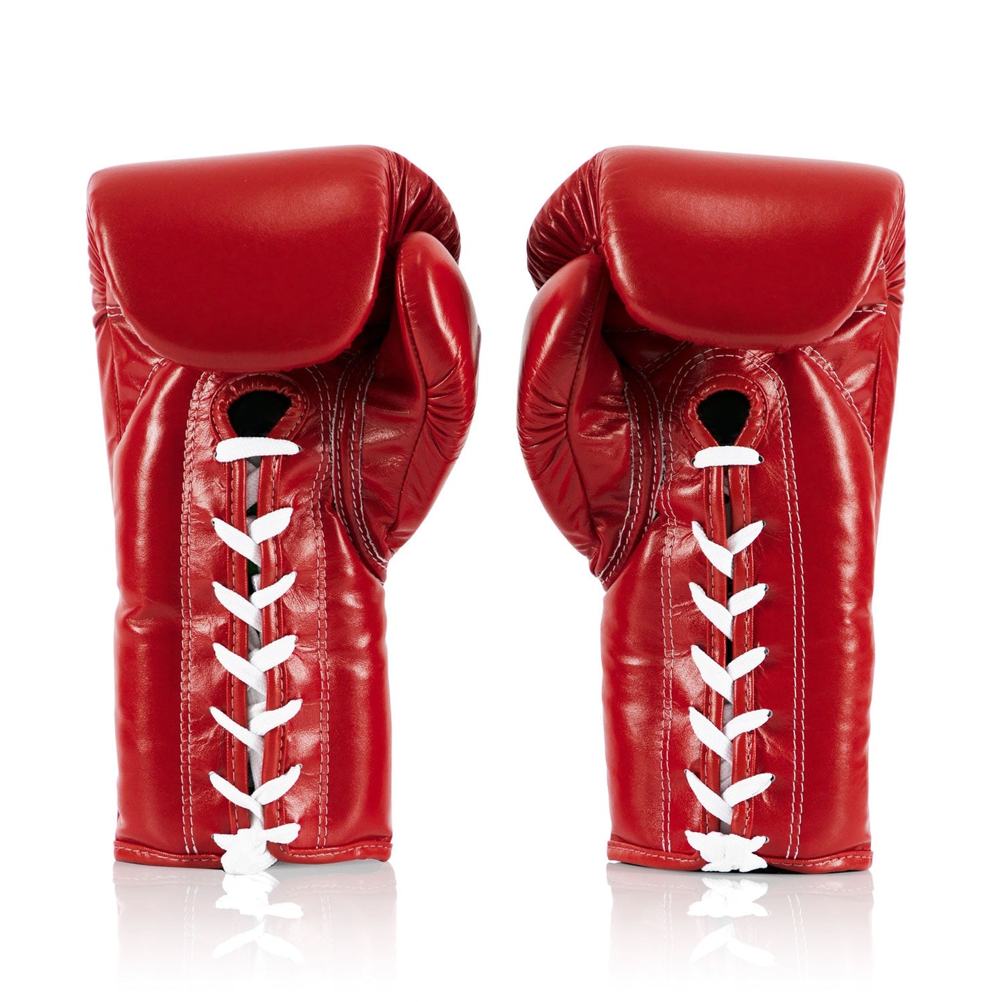 Fairtex BGL6 red lace-up competition boxing gloves showing padded palms and secure wrist straps for fighting and training.