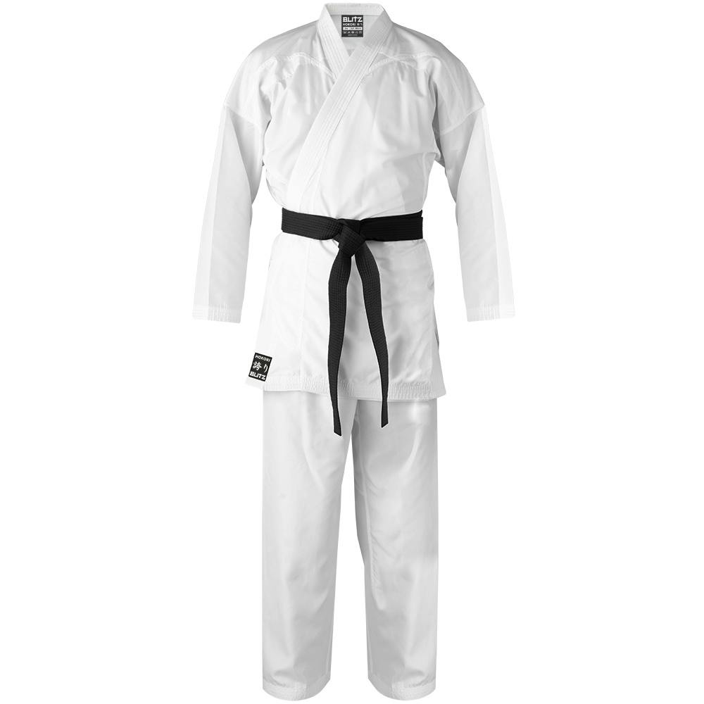 White Blitz Hokori Kumite Karate Gi for adults, ultra lightweight 3oz suit with traditional design, ideal for training and competition.