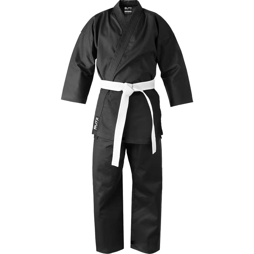 Black Blitz adult lightweight karate gi, 6oz, designed for beginner training, with a traditional karate suit appearance.