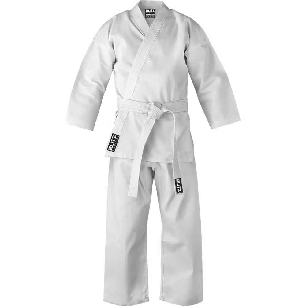 White Blitz adult lightweight karate gi, 6oz beginner suit with traditional karate uniform for training and practice.