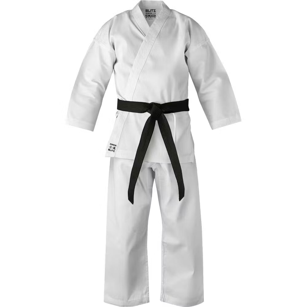 White Blitz Adult Shikon Jujitsu Gi 14oz training suit with reinforced stitching and traditional design for martial arts practice.