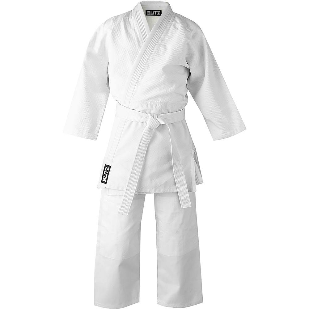 White Blitz Student Judo Gi made of 350g fabric, featuring reinforced stitching and a traditional design for martial arts practice.