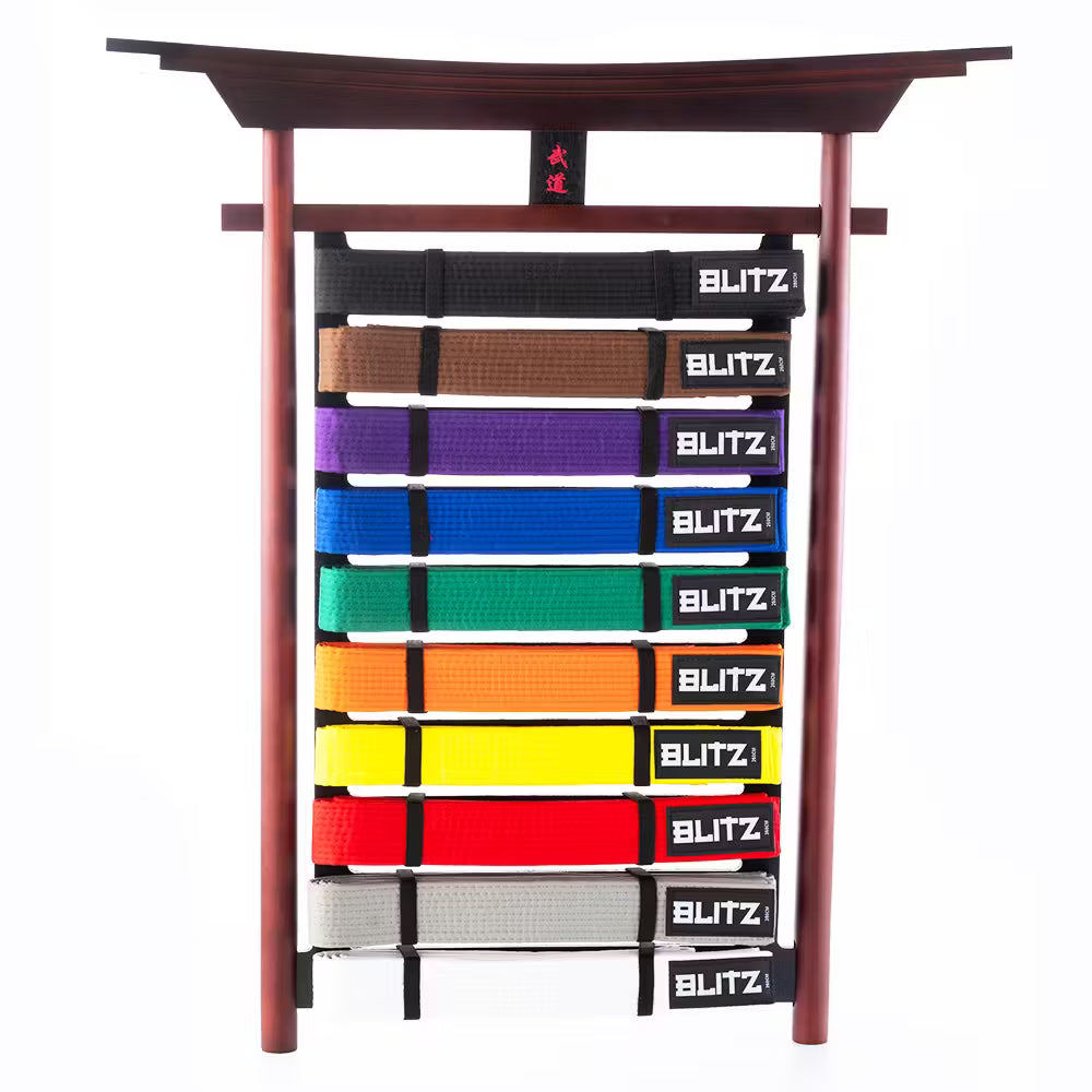 Blitz Budo Belt Display Rack holding ten martial arts belts, showcasing organized belt storage for martial arts accessories.