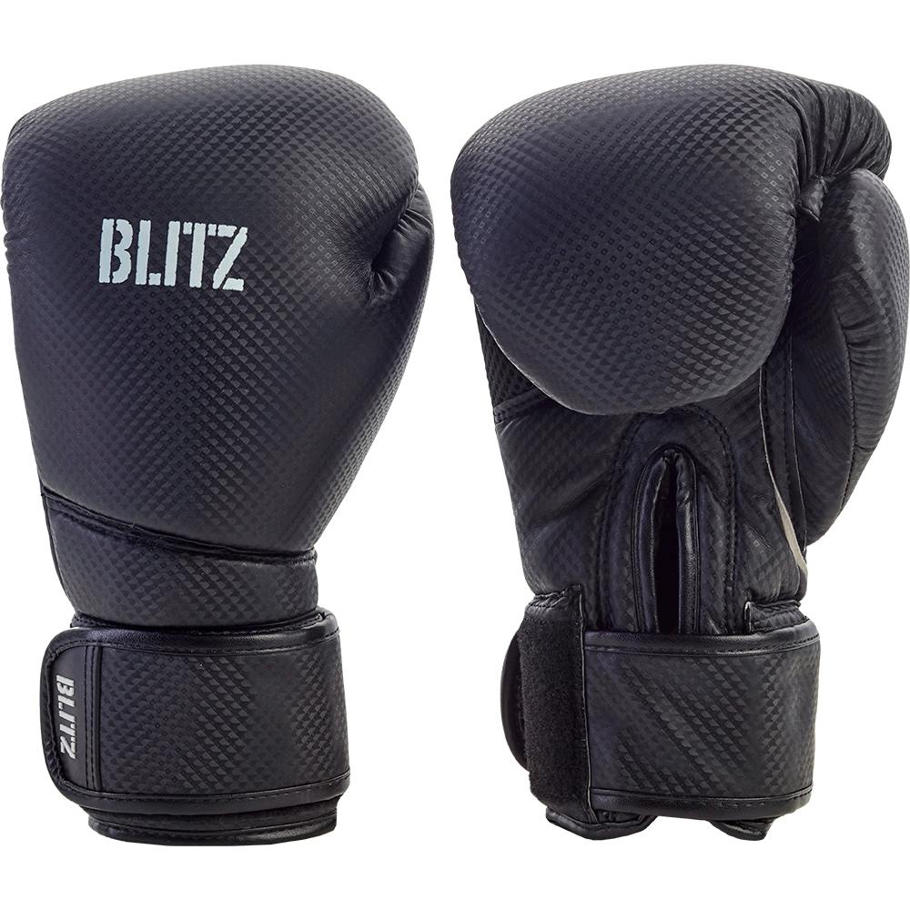 Black Blitz Carbon Boxing Gloves with padded wrist support, designed for premium training and optimal hand protection.
