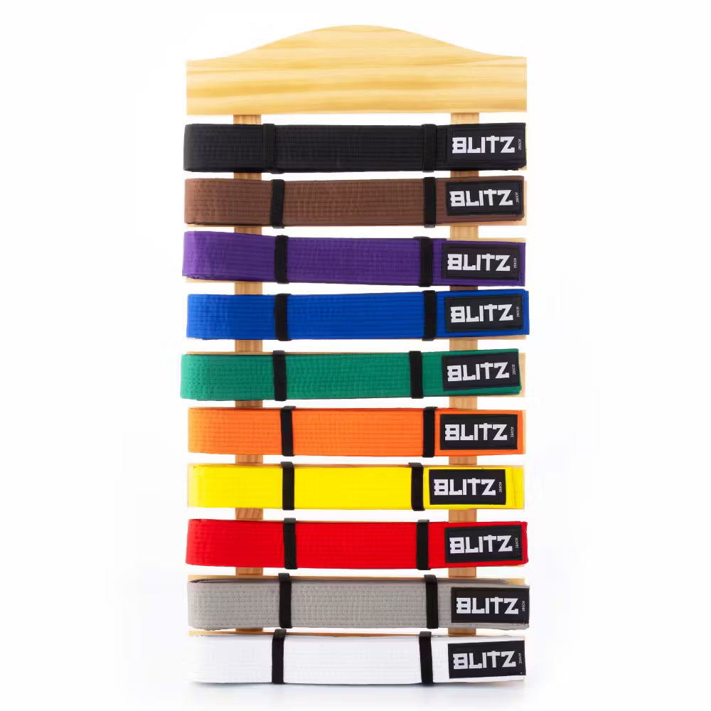 Blitz Classic martial arts belt display rack holding up to 10 belts, made of durable material for organizing martial arts gear.