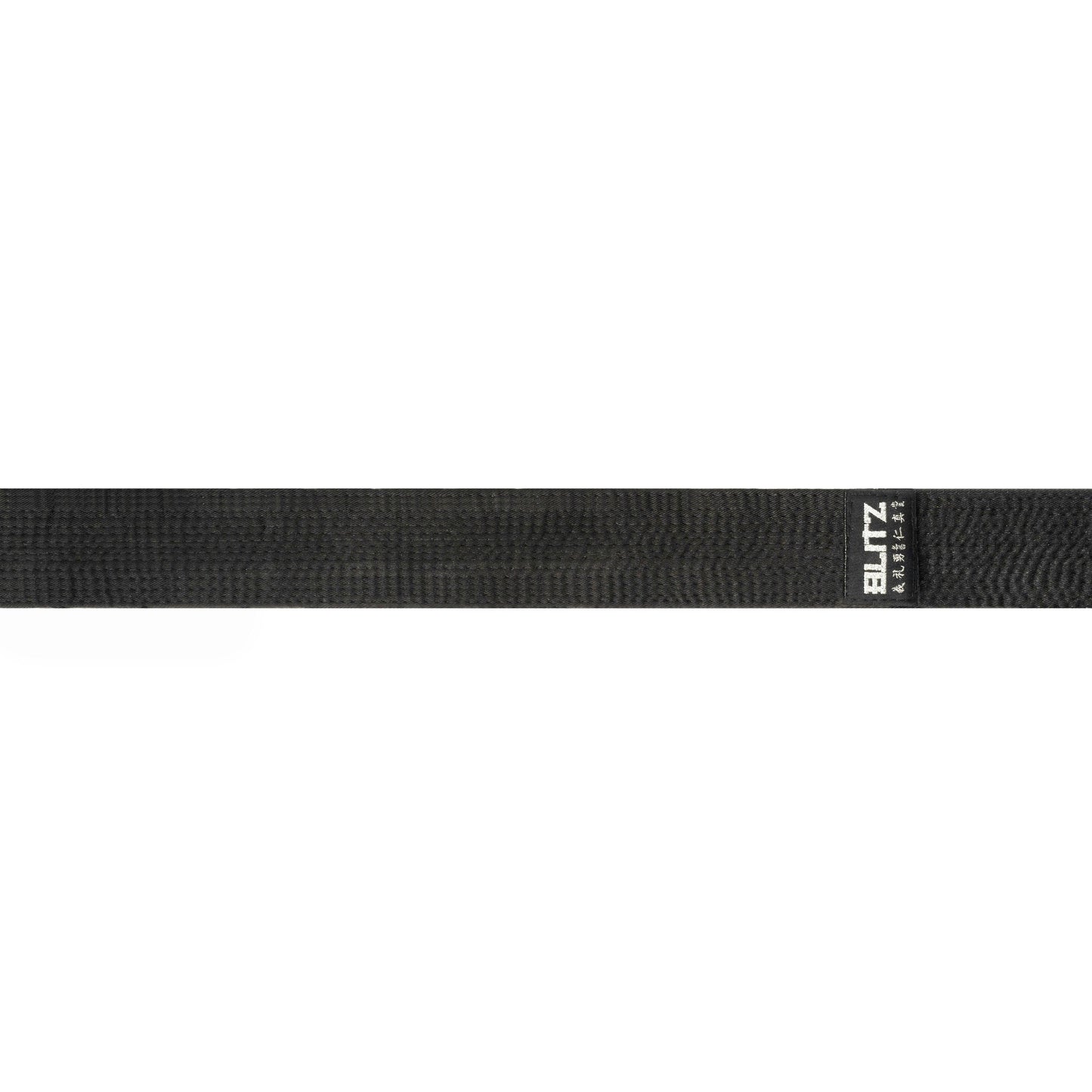 Black cotton Blitz Deluxe martial arts belt with reinforced stitching, designed for durability and comfort during training.