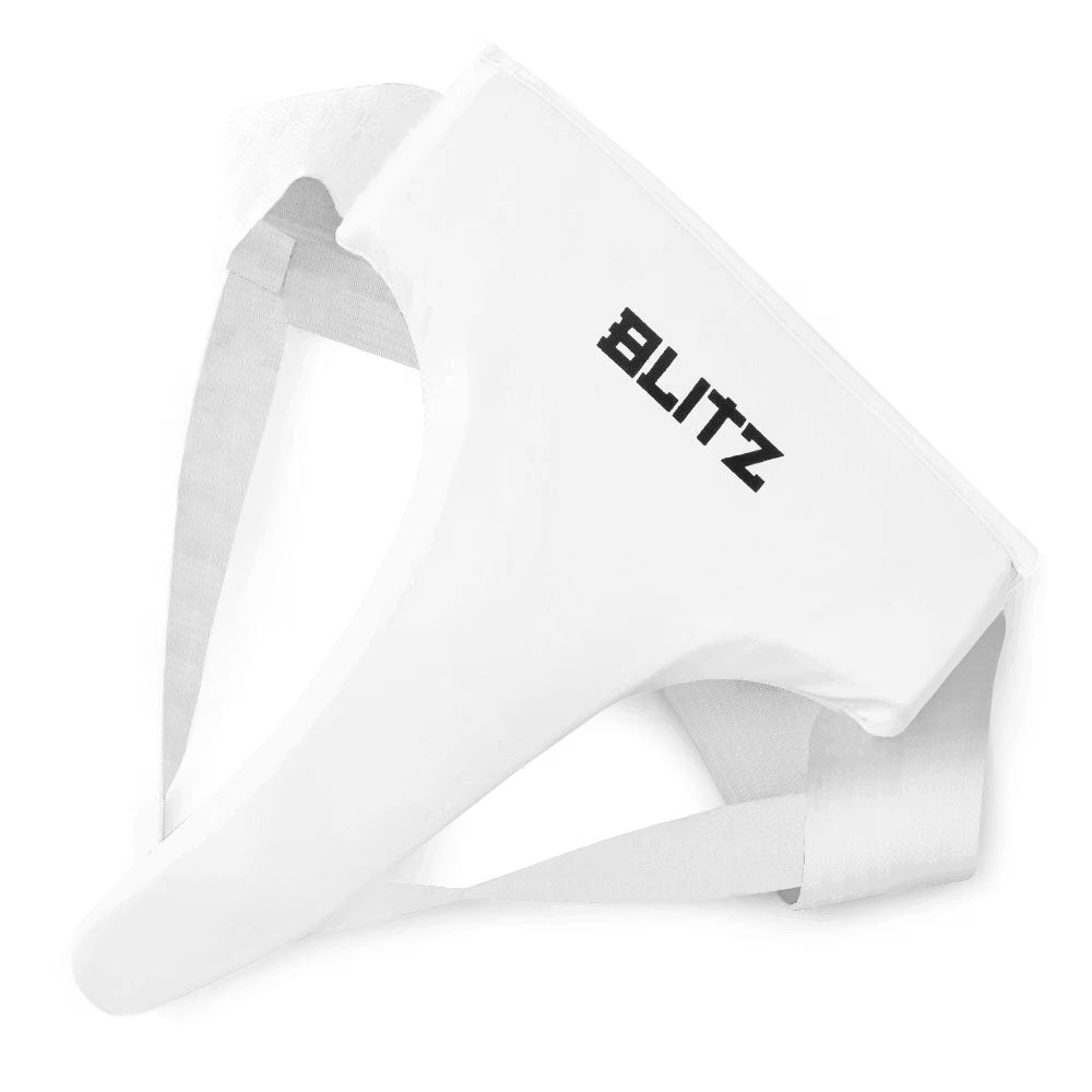 White Blitz Deluxe female groin guard for women's protection, padded protective gear for sports and martial arts.