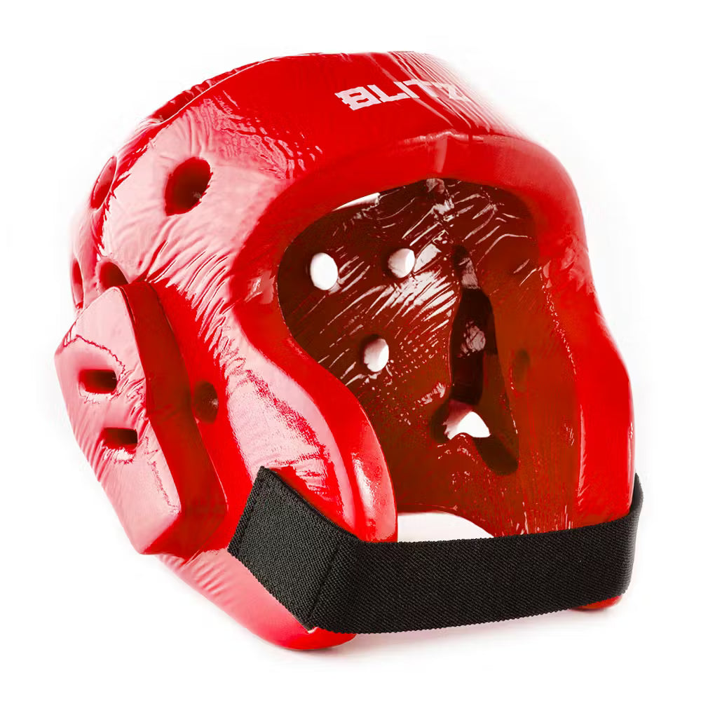 Red Blitz dipped foam head guard offering lightweight head protection with padded dip design for safety during sports or activities.