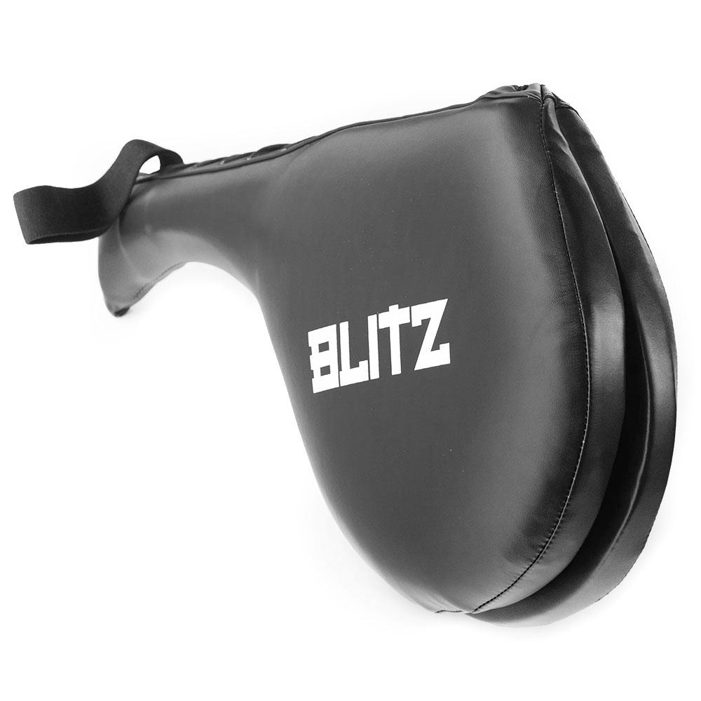 Black Blitz Double Bat Type Target Pad for Taekwondo and Karate training, showing the padded surface and handle grips.