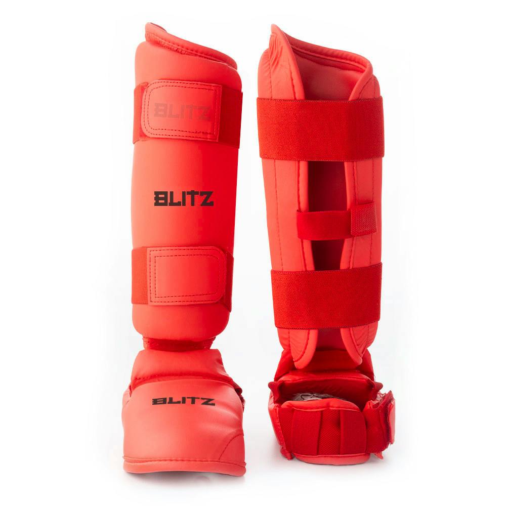 Red Blitz Elite Karate Shin Guards with removable foot protection, padded for premium martial arts shin and foot safety.