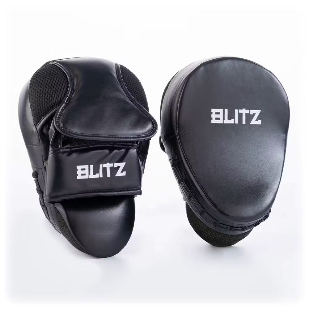 Blitz Hurricane Focus Pads for Thai boxing training, featuring bright yellow and black padded gloves for speed and accuracy practice.