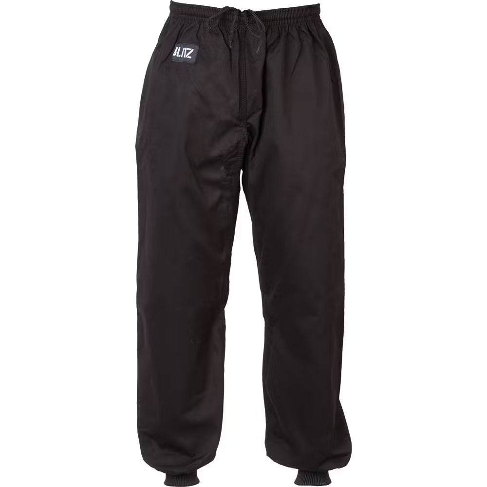 Black Blitz Kids Kung Fu trousers, youth Tai Chi training pants with a comfortable fit and traditional martial arts design.