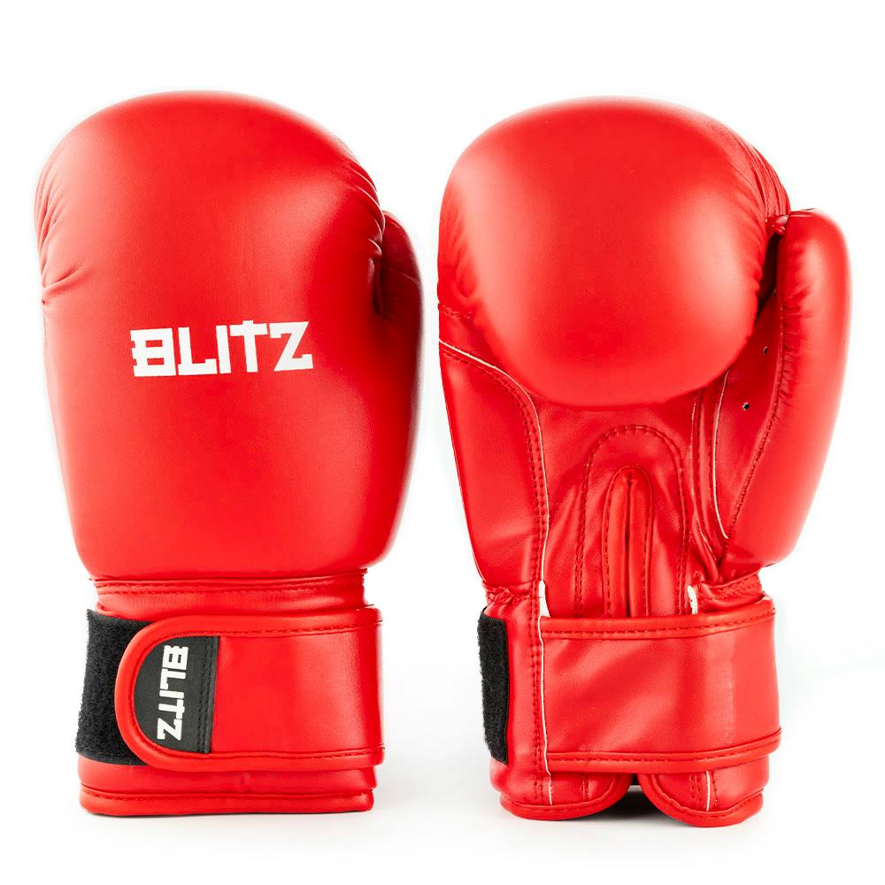 Red Blitz Kids Omega youth boxing gloves with padded wrists and secure Velcro straps for training and boxing practice.