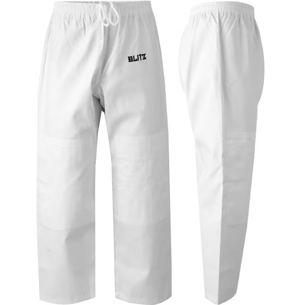 White Blitz Kids student judo trousers, youth training pants with elastic waistband and reinforced knees for martial arts practice.
