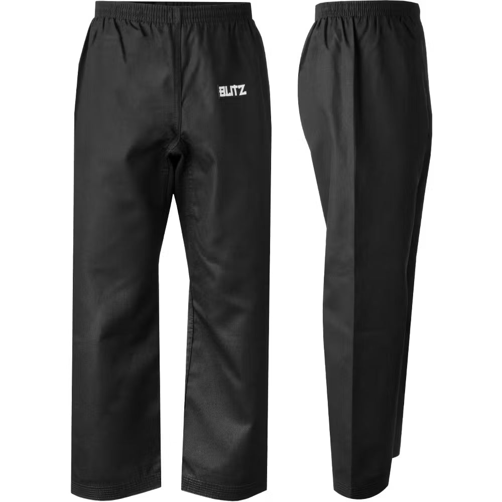 Black Blitz Kids student martial arts trousers for youth karate and taekwondo, 7oz durable fabric, suitable for training and competitions.