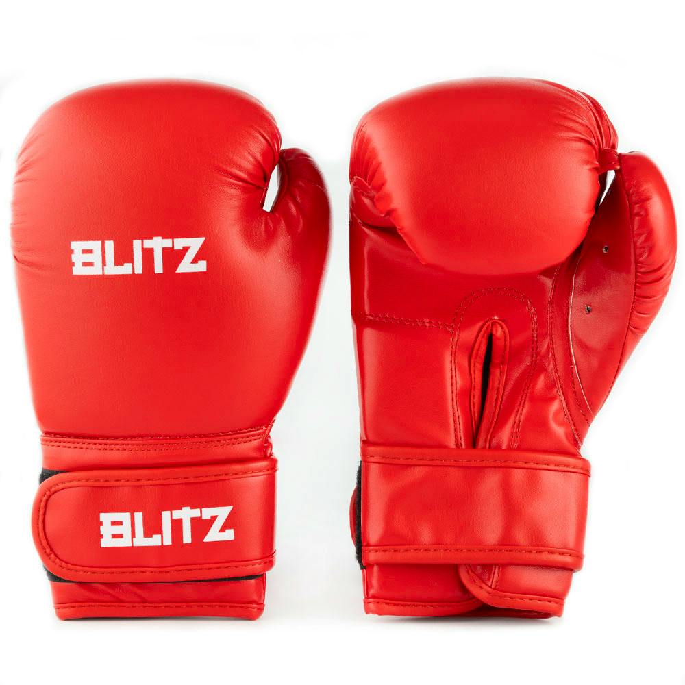 Red Blitz kids' training boxing gloves showing padded wrist support and adjustable straps for youth boxing training.
