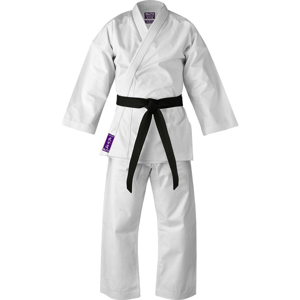 White Blitz Kids Zanshin Karate Gi with 12oz fabric, displayed flat showing the jacket and pants, designed for young martial artists.