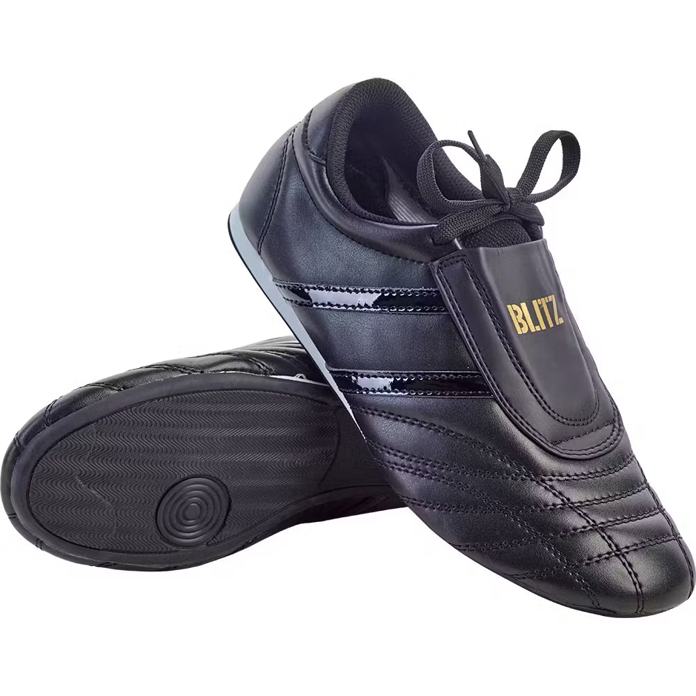 Black Blitz Martial Arts Training Shoes with slip-on design and lightweight sole, ideal for martial arts practice and training.