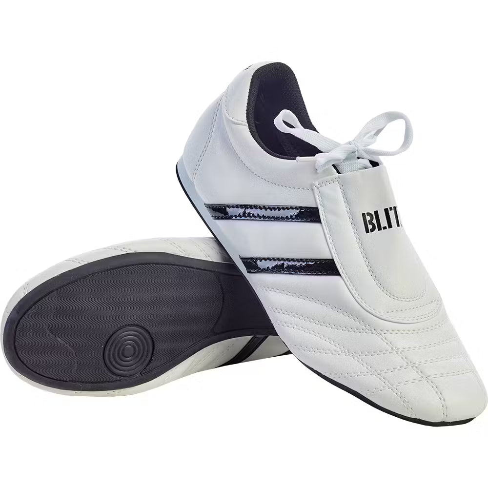 White and black Blitz martial arts training shoes with a sleek design, suitable for combat sports and martial arts practice.